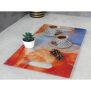 Tempered glass tea coffee presentation tray decorative mixed pattern food beverage presentation 29 x 52 cm footed tray