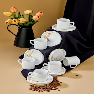 12 Piece Ceramic Coffee Cup Set with Saucers, Minimalist Design, 2 Color Options, Modern Espresso Cup Set, Gift Ready