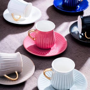 12 Piece Gold Rimmed Colorful Porcelain Coffee Cup Set, Vibrant Espresso Cups with Saucers, Elegant Turkish Coffee Gift Set