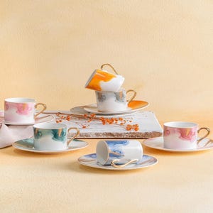 6 Person Coffee Set Porcelain 12 Pcs | Spring Colors | Gold Handle Espresso Cups & Saucers | Elegant Gift Set