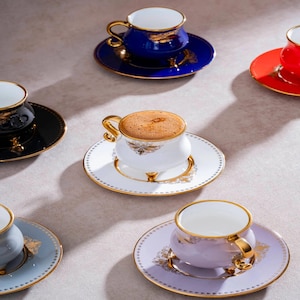 12 Piece Colorful Footed Porcelain Coffee Cup Set, Multicolor Gold Trimmed Espresso Cups & Saucers, Elegant Turkish Gift Set