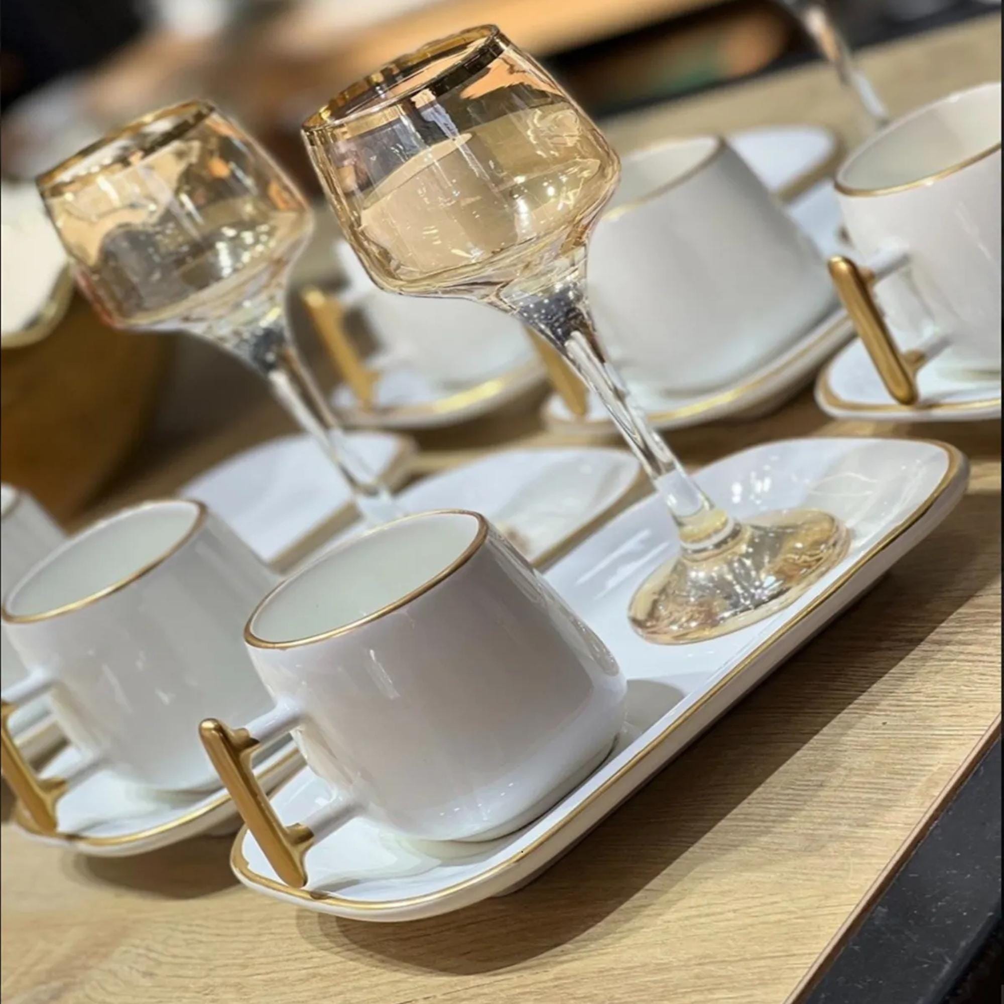 White Ceramic Turkish Coffee Set: Gold Handle Espresso Cups, 12-piece ...