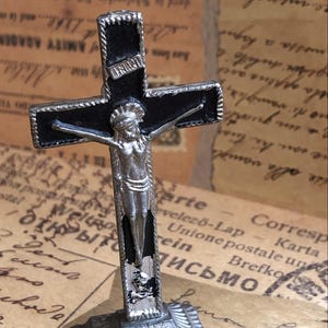 Vintage Metal Crucifix on Stand | Small Christian Cross with Jesus Figurine