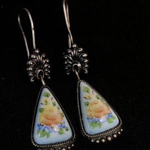 Vintage USSR Earrings - Rostov Finift Enamel, Silver-Plated Melchior, Hand-Painted Russian Jewelry