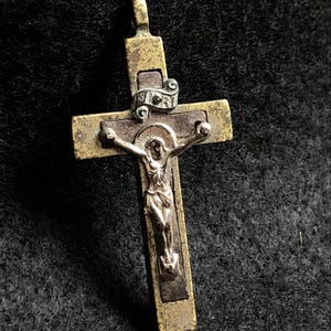 Vintage Reliquary Cross Pendant/Crucifix - Pewter Metal with Black Inlay