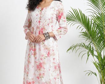 Mulmul Cotton Kurta with Chikankari Embroidery|Shipped from California