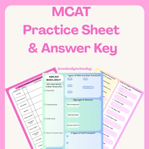 Könnte beinhalten: Rosa MCAT Übungsblätter und Antwortschlüssel mit dem Text "MCAT Practice Sheet & Answer Key". Die Blätter behandeln Themen wie Biologie, Aminosäuren und funktionelle Gruppen. Das Bild enthält den Text "Offering all subjects and open to special requests!"