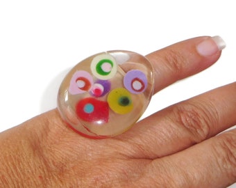 Sobral Klimt Transparencia Fun Colorful Clear Artist Made Statement Ring Size 6.5