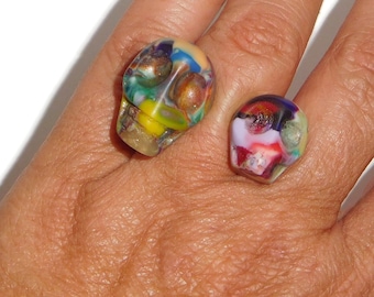 Sobral Cranio Double Skull Colorful Pollock Open Style Artist Made Ring Size 6.75
