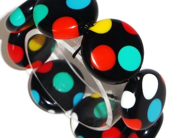 Sobral Dots Mulitcolor Polka Dots on Jet Black Beads Artist Made Stretch Bracelet