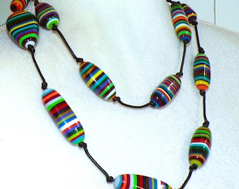 Sobral Pop Art Reflexao Multicolor Stripe Beads Artist Made Long Necklace