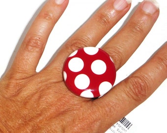 Sobral Dots White Polka Dots on Red Bead Artist Made Statement Ring