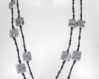 Sobral Pop Art Quadradinhos Black White Stripe 55&quot; Long Artist Made Bead Necklace