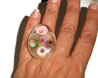 Sobral Klimt Transparencia Fun Colorful Clear Artist Made Statement Ring Size 6.75