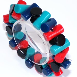 Sobral Cilindros Blue, Red & Black Cylinder Beads Artist Made Stretch Bracelet