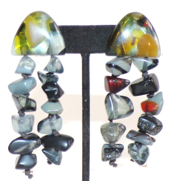 Sobral Retired Orient Express Maya Gray Mix Beads Dangle Artist Made Clip Earrings