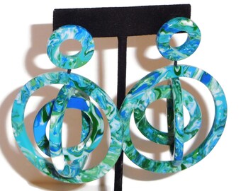 Boucles d'oreilles pendantes Sobral Gaia Modernismo Gorky bleu vert et blanc marbré