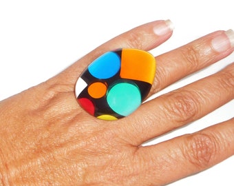 Sobral Vitrais Colorful Patterns & Black Statement Ring Size 6.75