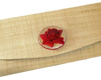 Sobral Bolsas de Buriti Handmade Woven Buriti Palm Straw & Resin Rose Clutch Handbag