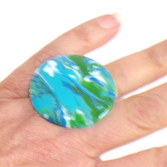 Sobral Gorky Bead Blue, Green & White Marbled Artist Made Statement Ring Size 7