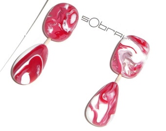 Sobral Mava A May Swirled Red Pink & White Beads Artist Made Post Earrings