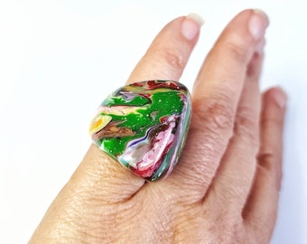 Sobral Gorky Gotejado Multicolor Marbled Artist Made Statement Ring Size 6.75