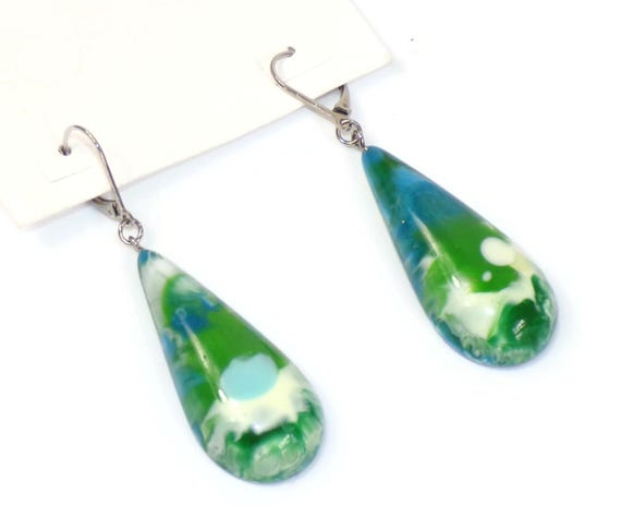 Sobral Gorky Nat Blue & Green Marbled Dangle Teardrop Artist Made Earrings