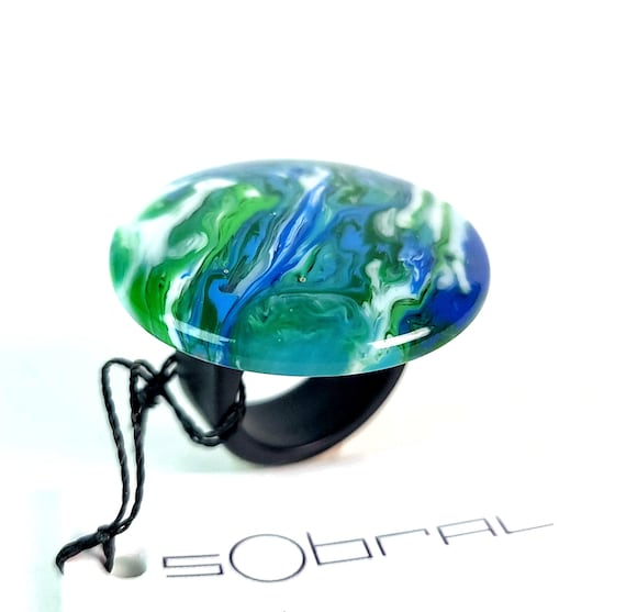 Sobral Gorky Bead Blue, Green & White Marbled Artist Made Statement Ring Size 9.25