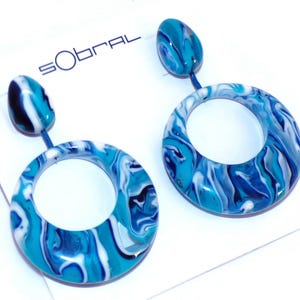 Sobral Onda Maui Marbled Blue Dangle Hoops Artist Made Statement Post Earrings