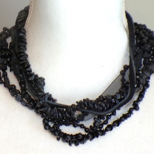 Sobral Retired Black Beads, Leather & Organza 6 Strand Artist Made Necklace