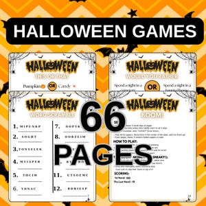 May include: A collection of printable Halloween games featuring four distinct activity sheets titled Halloween This or That, Would You Rather, Word Scramble, and Boom. The pages include spider web borders and the text 66 PAGES in large font.