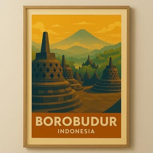 Pode incluir: Impressão artística emoldurada com uma ilustração estilizada do templo de Borobudur na Indonésia. A obra de arte mostra as estruturas do templo com um fundo de montanha, em tons de verde, laranja e castanho. O texto "BOROBUDUR INDONESIA" é exibido na parte inferior.