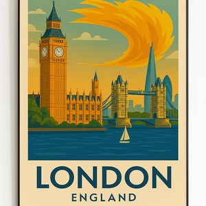 London England Travel Poster – Vintage City Wall Art | Big Ben & Tower Bridge Print