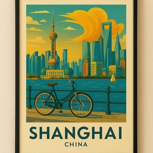 Shanghai China Travel Poster – Retro Wall Art Print of Skyline & Oriental Pearl Tower