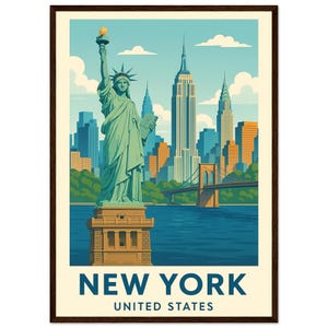 New York Travel Poster | Retro NYC Wall Art | Framed or Unframed Statue of Liberty Print