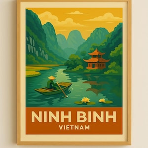 Pôster de viagem de Ninh Binh – Impressão de arte de parede retrô do Vietnã, paisagem de pagode e barco