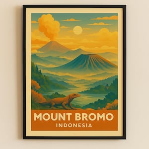 May include: Framed art print depicting Mount Bromo, Indonesia, in a vintage style. The image shows a volcano with smoke, a lizard, and the text "MOUNT BROMO INDONESIA". The colour palette includes orange, blue, and green tones.