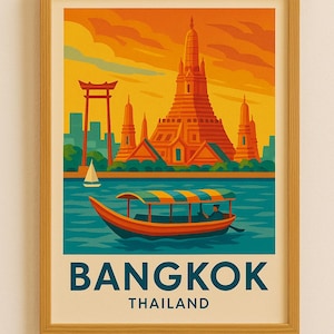 Pôster de viagem de Bangkok, Tailândia – Arte de parede em estilo vintage | Impressão estética da cidade