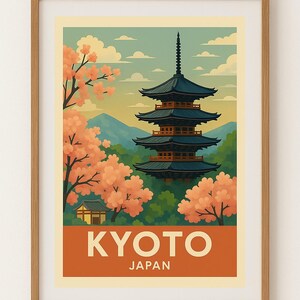 Kyoto Japan Travel Poster – Cherry Blossom Wall Art | Vintage Pagoda Print