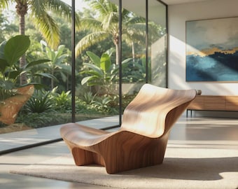Artisanal Solid Wood Sculptural Lounge Chair – Fluid Wave Design