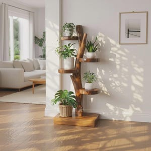Op de afbeelding: Een houten plantenstandaard met meerdere ronde planken en een boomachtige structuur. De standaard bevat verschillende potplanten, waaronder een monstera in een geweven mand. De standaard is gemaakt van warm getint hout.