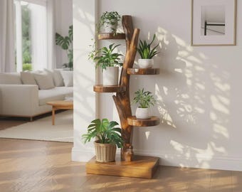 Wooden Tree Branch Plant Shelf – Solid Wood Floor Stand Decor