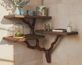 Organic Live Edge Holz-Eckregal mit Aststütze - Rustikal