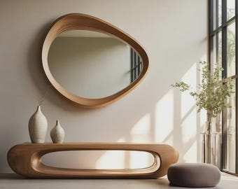 Handgemachter unregelmäßiger Spiegelrahmen aus Holz Mid Century Modern Wall Decor