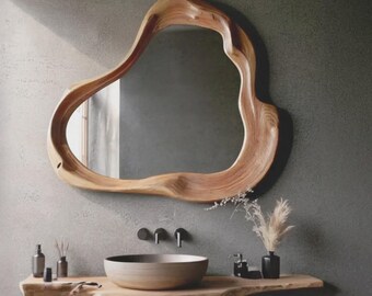 Handgefertigter asymmetrischer Spiegelrahmen aus Holz, rustikale Bauernhausdekoration