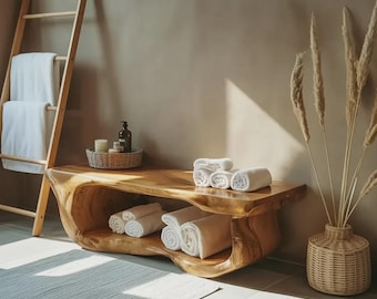 Handgefertigte Massivholz-Badezimmerbank mit eingebauter Aufbewahrung - Spa-Style