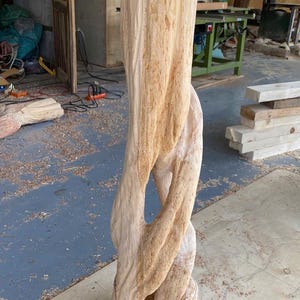 May include: A tall, light-colored wooden sculpture carved from a single log, featuring a vertical, twisted, and intertwined design with a hollow center. The surface displays natural wood grain patterns, textures, and light tan hues throughout the structure.