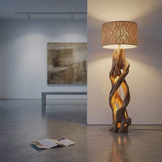 Twisted Vine Wooden Floor Lamp - Handcrafted Driftwood Standing Light With Leaf Shade