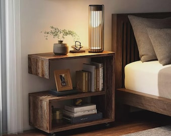 Movable Nightstand Table – 2 Tier Modern End Unit with Rolling Wheels, Compact Side Furniture