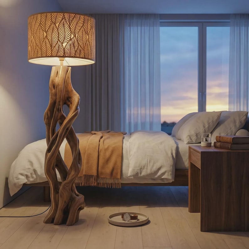 Twisted Vine Wooden Floor Lamp - Handcrafted Driftwood Standing Light With Leaf Shade image 8